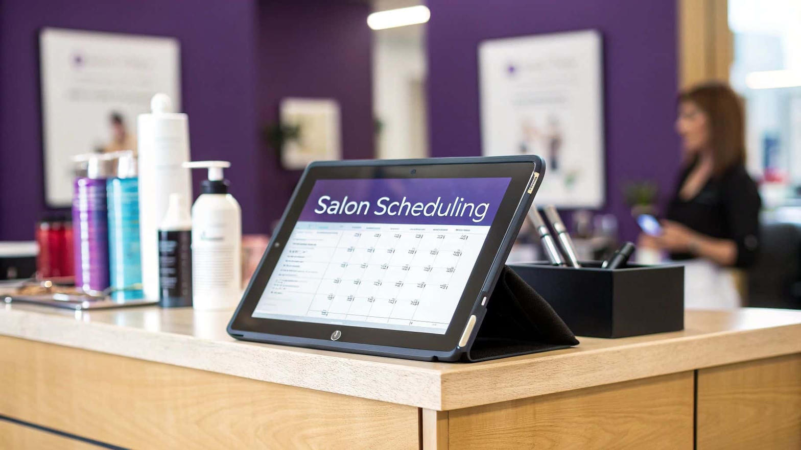 Salon reception tablet used for appointment scheduling