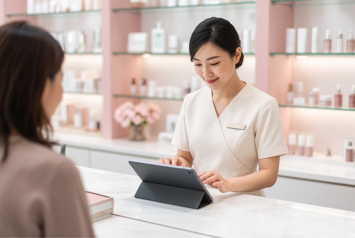 Beauty retail consultant using Siliscia One on a tablet at the skincare counter