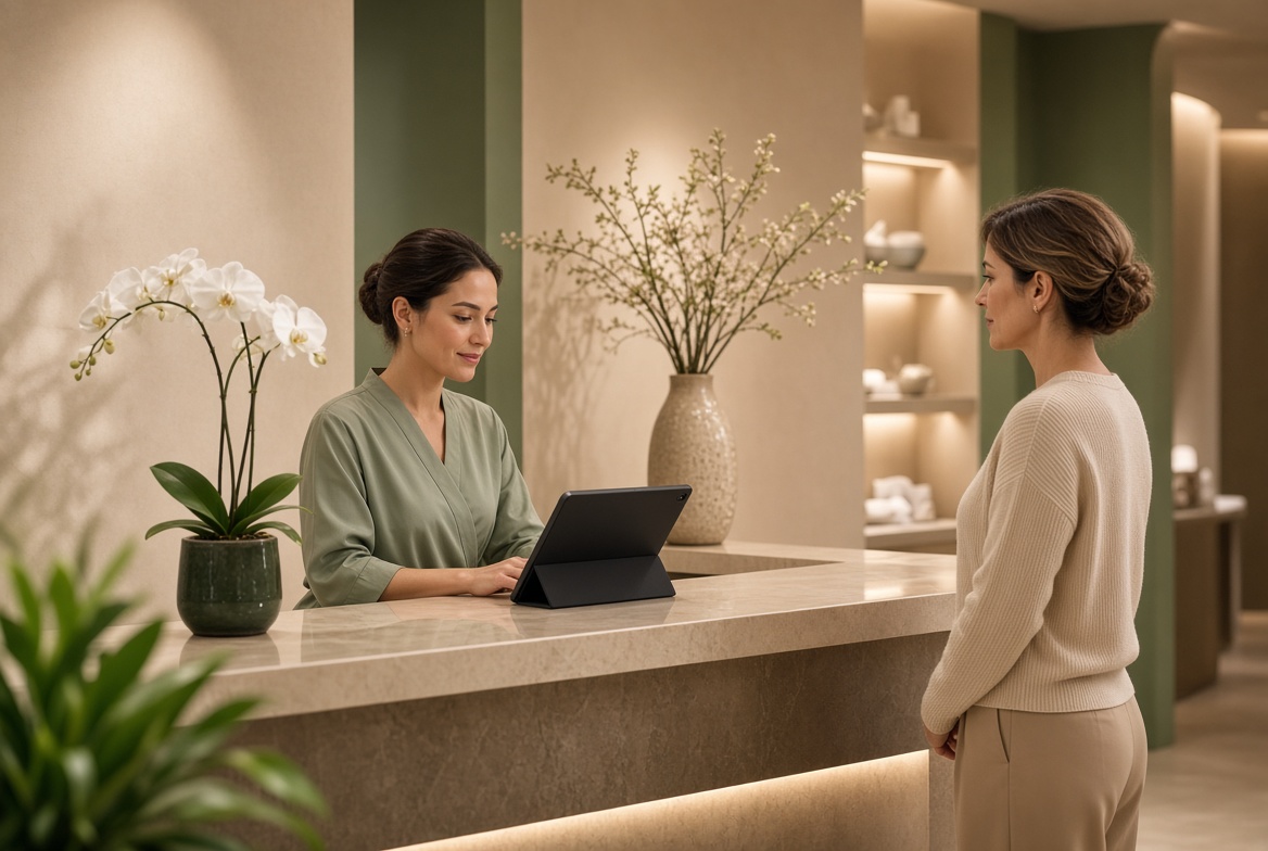 Spa receptionist using Siliscia One on a tablet at the wellness front desk